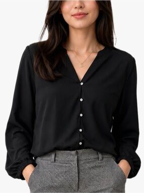 NWT OLM XL Black Button Front Blouse Long Sleeve Career Office Business Top